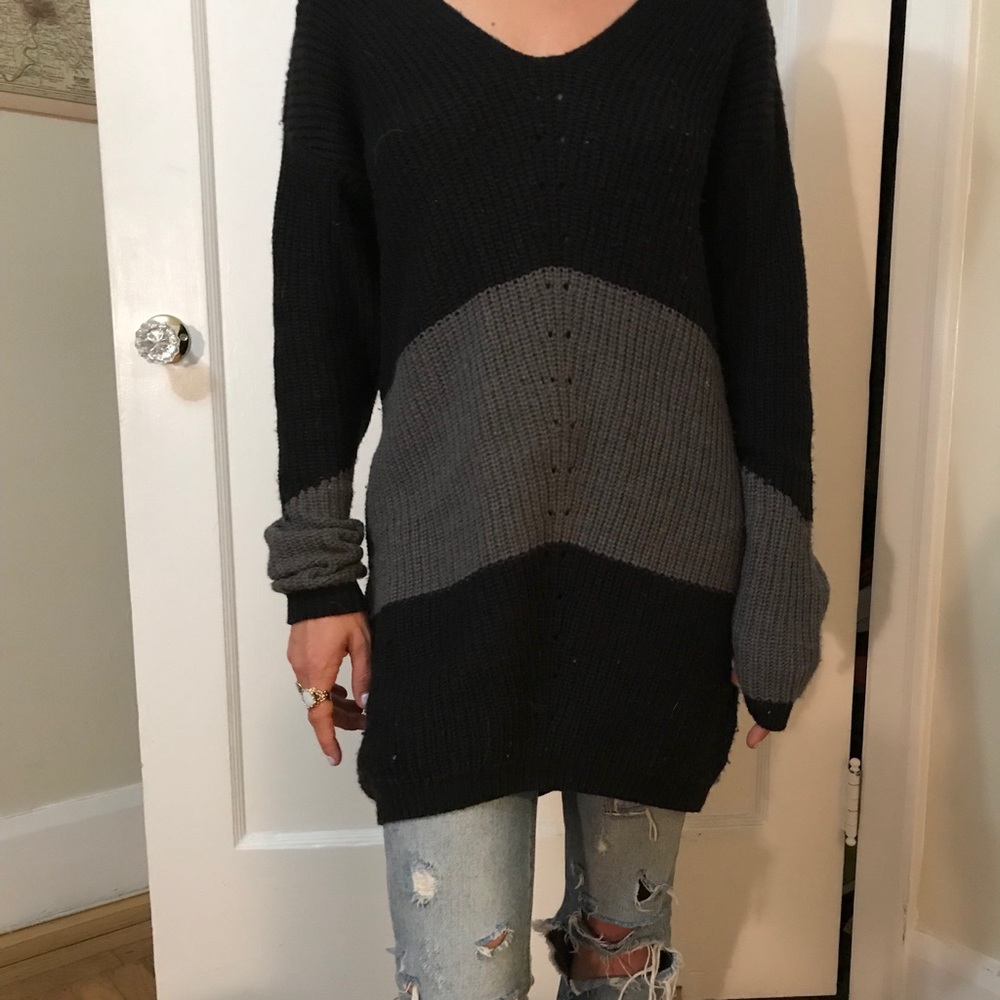 Black grey sweater tunic dress open neck